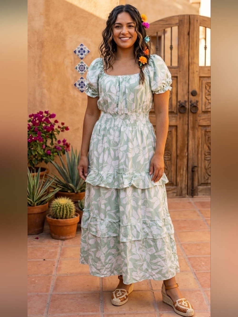 Claris NWT Sage Green Floral Puff-Sleeve Smocked Tiered Maxi Dress- OSFM